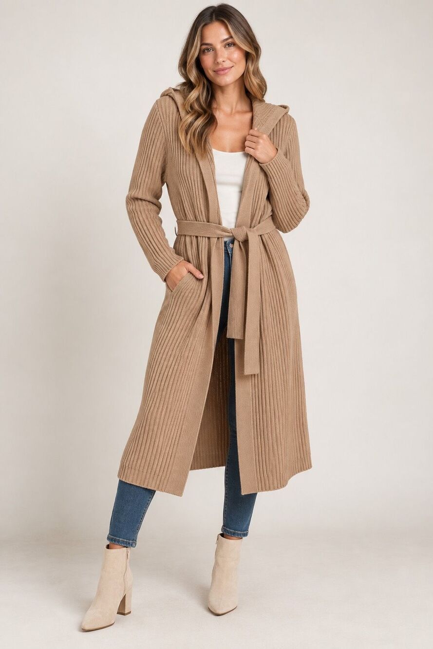 e: J.Crew Women’s Camel Ribbed Hooded Long Belted Cardigan Sweater Duster SZ L